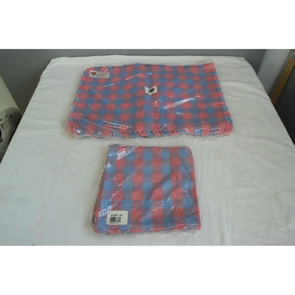 Fiesta Placemats Napkins 4 Set Pink Blue Gingham Check Fringed Vintage New